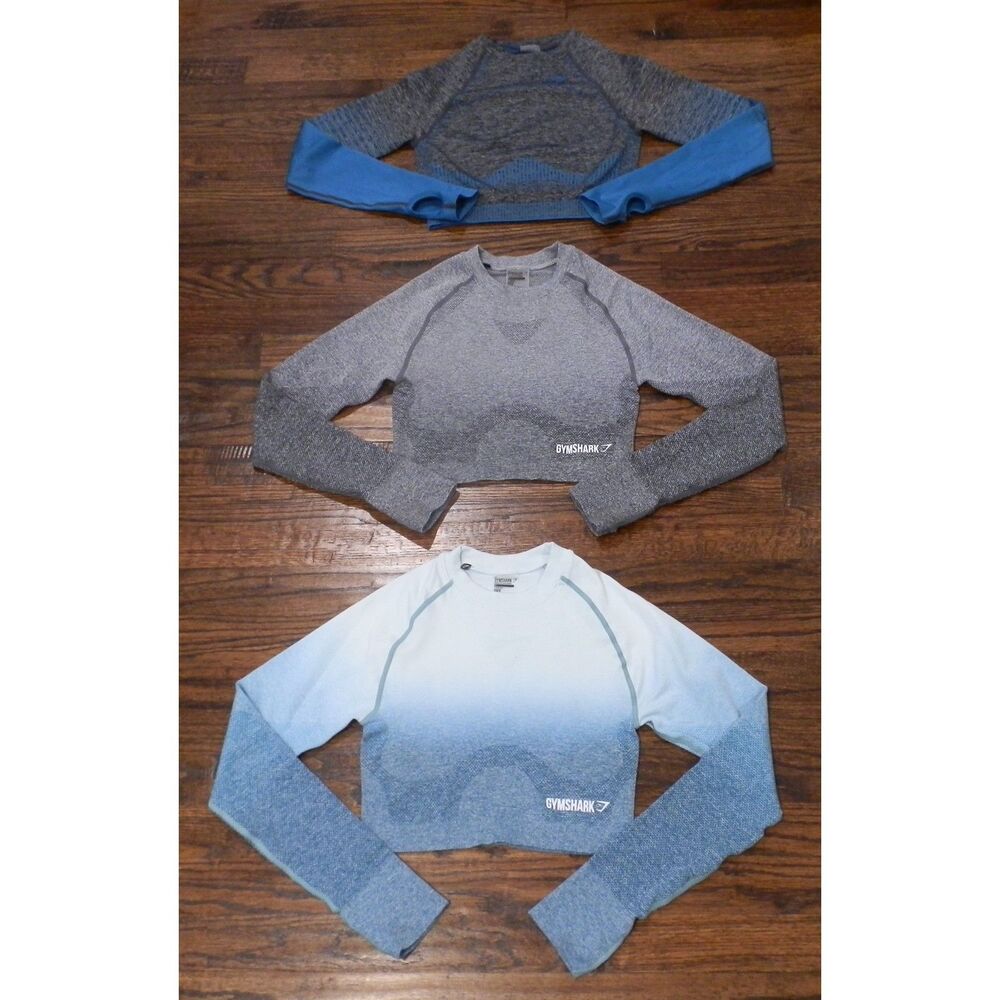 Gymshark Dry Tops Shirts Women's Blue Gray Ombre Cropped Size Small Set of 3